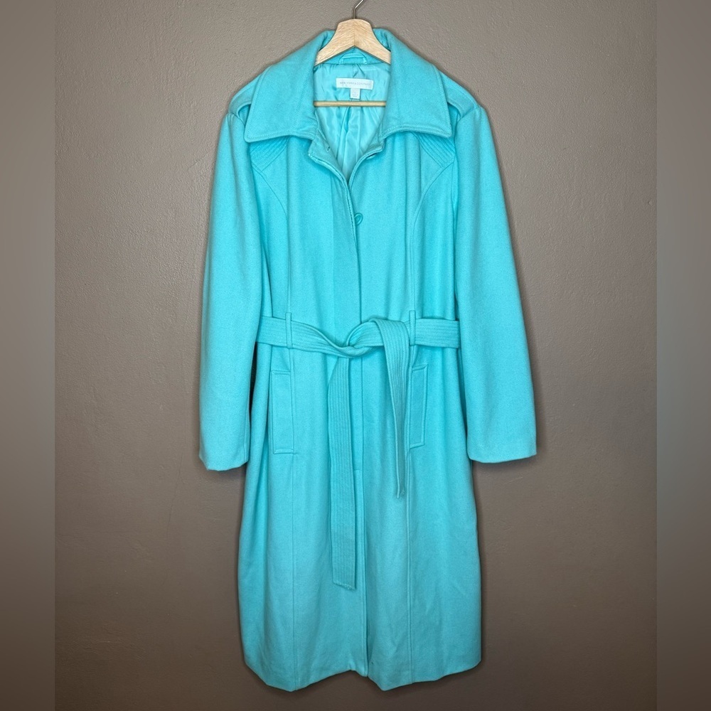New York & Co. Teal Belted Wool Trench Coat Peacoat Size XL Preppy Boho Y2K Core